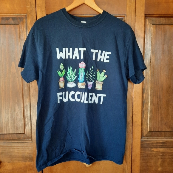"What The Fucculent" Humor Succulent Cactus 100% Cotton Navy Blue T-shirt - Picture 1 of 8